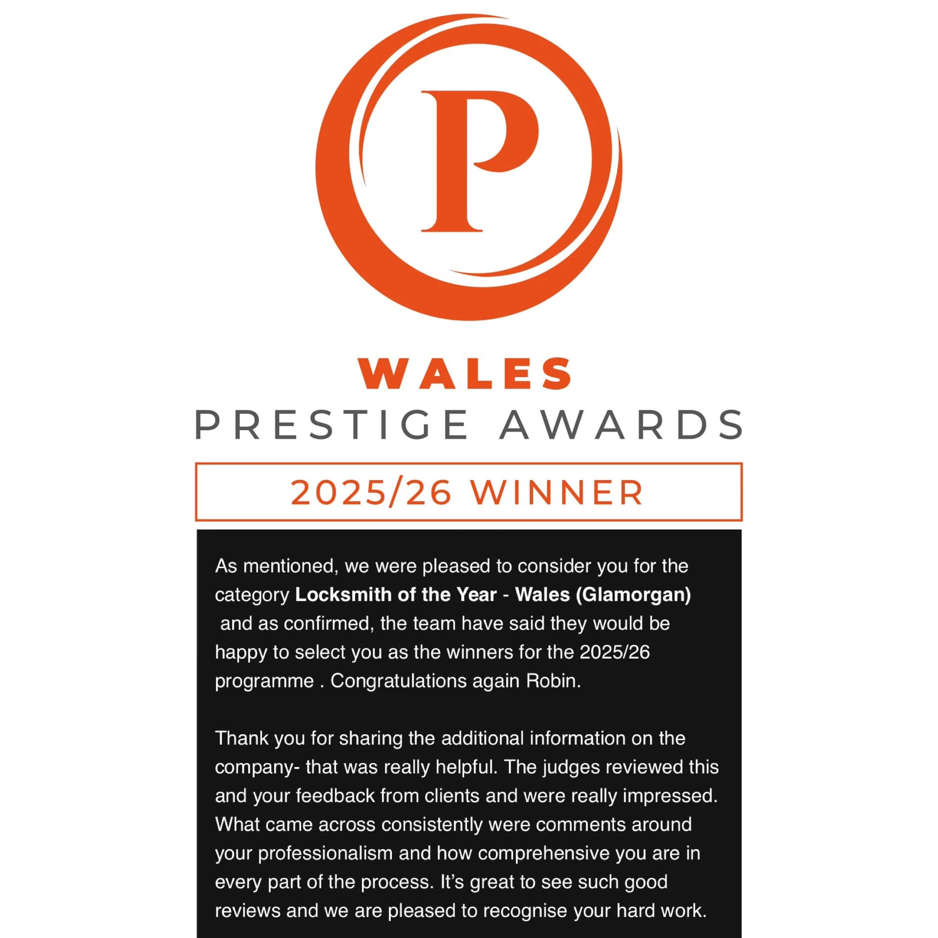 WALES PRESTIGE AWARDS Locksmith of the Year 2025/26 WINNER